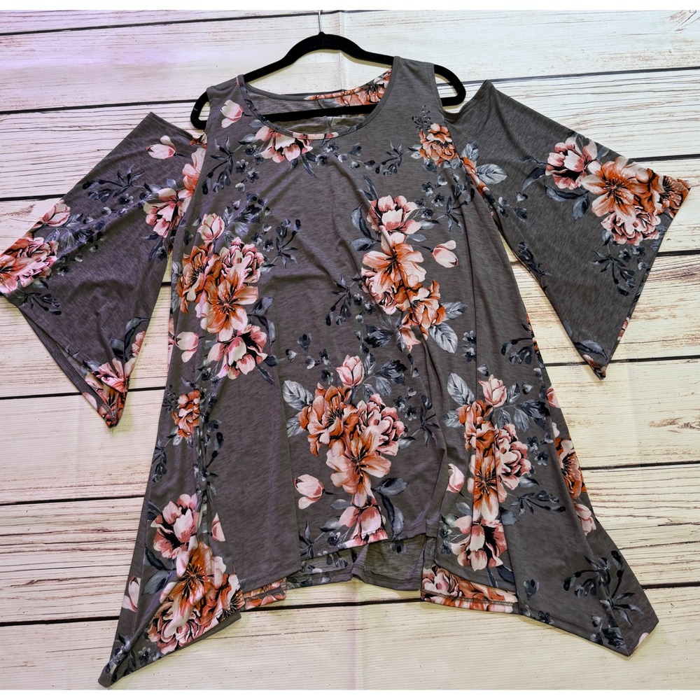 Floral Cold Shoulder Sharkbite Tunic Top Grey Pink Bell Sleeve 3XL LT1223-85